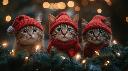 Three cats wearing christmas hats posing on a decorated background