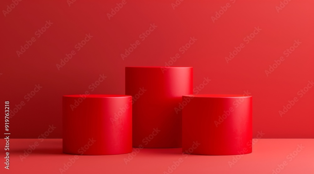 Three striking red cylindrical podiums are artistically arranged against a vibrant red background, creating an ideal setting to showcase various products or decorative items beautifully Three striking red cylindrical podiums are artistically arranged against a vibrant red background, creating an ideal setting to showcase various products or decorative items beautifully