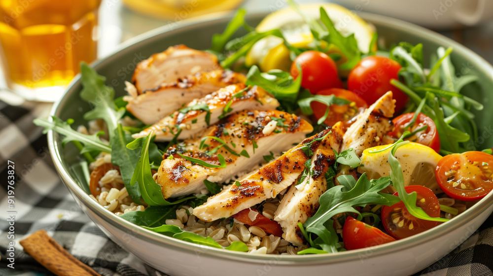 a farro bowl with grilled chicken, cherry tomatoes, arugula, and a lemon vinaigrette, set on a picnic table with a checkered cloth and a glass of iced tea a farro bowl with grilled chicken, cherry tomatoes, arugula, and a lemon vinaigrette, set on a picnic table with a checkered cloth and a glass of iced tea