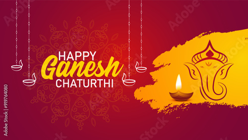 A deep maroon background with the text Happy Ganesh Chaturthi in white surrounded by a maroon mandala pattern A yellow brushstroke highlights a depiction of Lord Ganesha while hanging oil lamps 