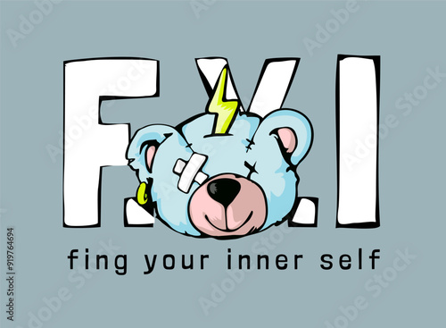 FYI slogan with cartoon bear doll head vector illustration