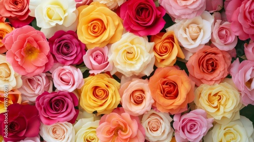 Assorted colorful roses, filling the frame with their petals
