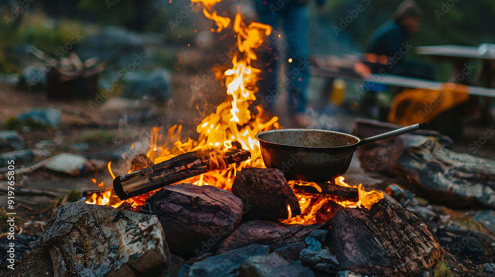 Cooking over an open fire during a trip in the camp, frying pan on an open fire, food preparation Cooking over an open fire during a trip in the camp, frying pan on an open fire, food preparation