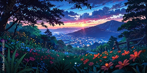 Anime style illustration of a Gardenl backgroun with Colorful Flowers and Trees