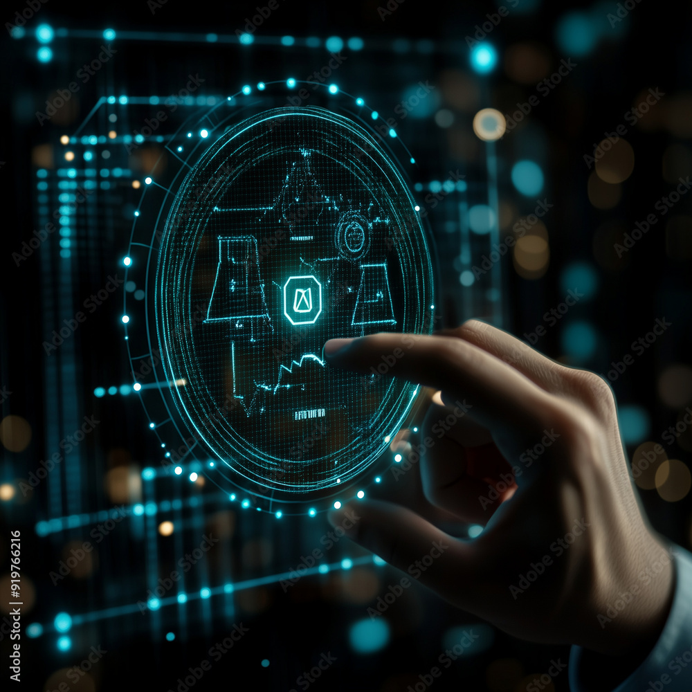 A hand is pointing at a glowing circle on a screen. The circle is filled with various symbols and shapes, and it is a representation of a complex system or concept A hand is pointing at a glowing circle on a screen. The circle is filled with various symbols and shapes, and it is a representation of a complex system or concept