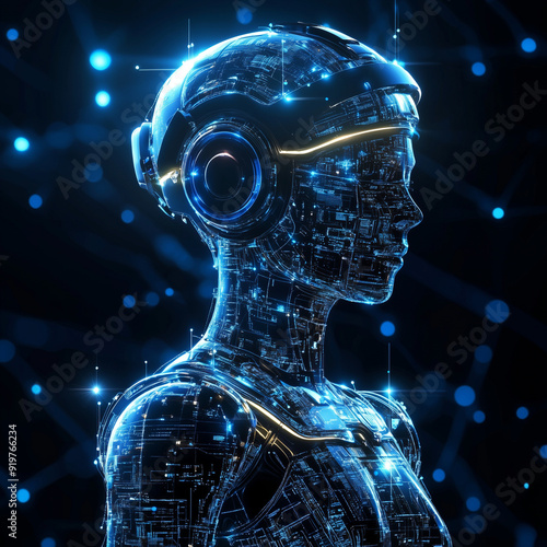 A woman with a futuristic head and a glowing blue face