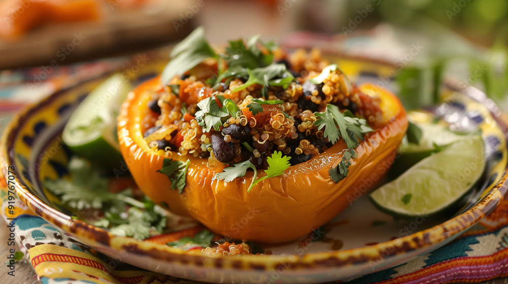 a savory black bean and quinoa stuffed bell pepper, garnished with fresh cilantro and lime wedges, placed on a ceramic plate with a colorful, patterned napkin a savory black bean and quinoa stuffed bell pepper, garnished with fresh cilantro and lime wedges, placed on a ceramic plate with a colorful, patterned napkin