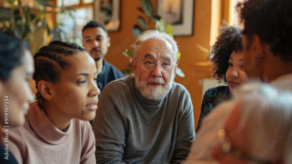 A multigenerational family gathered around an older member, listening attentively as they share memories A multigenerational family gathered around an older member, listening attentively as they share memories