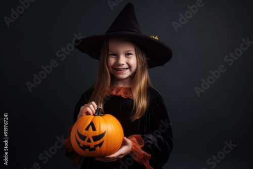 generated illustration of happy caucasian girl wearing Halloween witch costume holding pumpkin