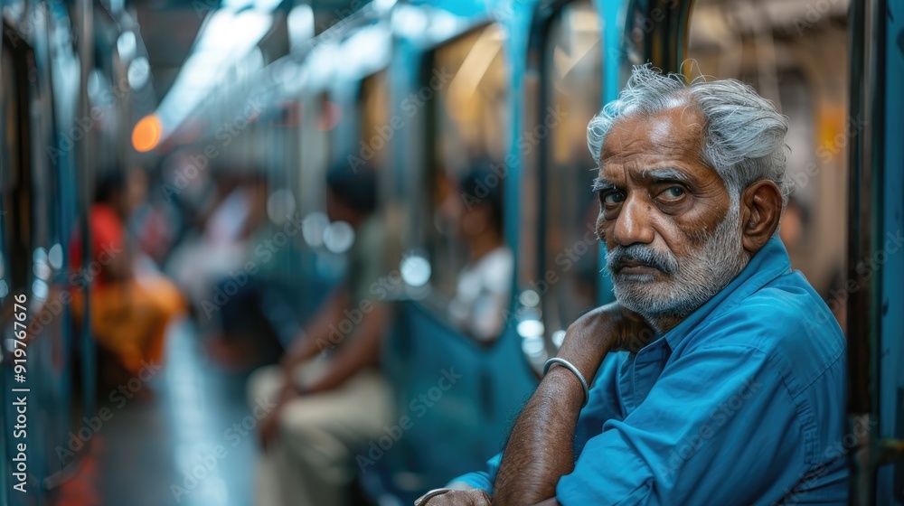 An elderly man with a grey beard sits on a crowded train, looking directly at the camera. An elderly man with a grey beard sits on a crowded train, looking directly at the camera.