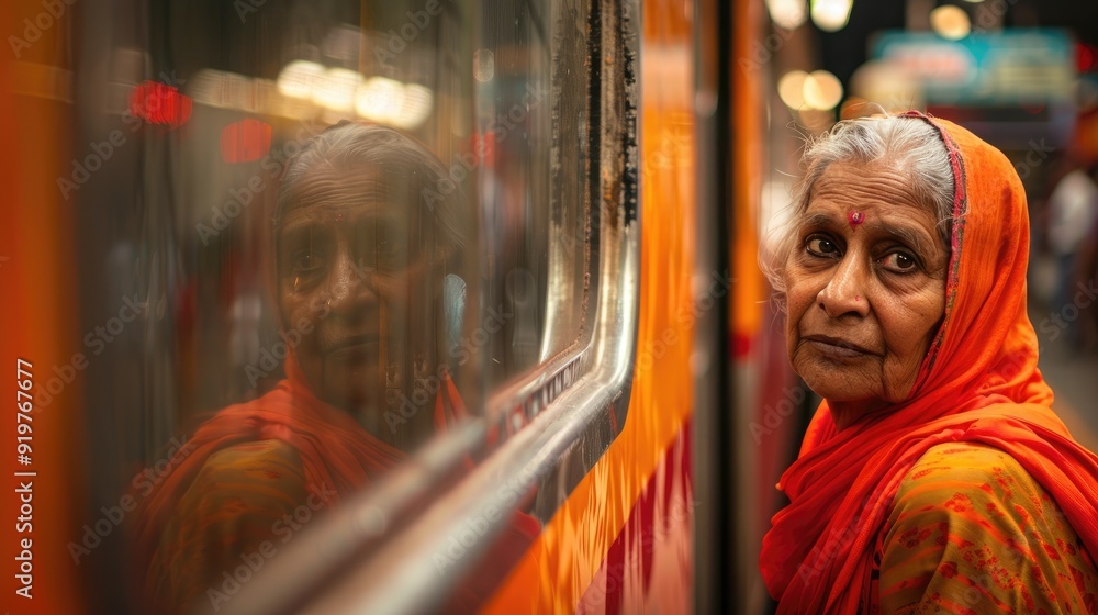 An elderly woman in a vibrant orange headscarf gazes thoughtfully out of a bus window, reflecting on life's journey. An elderly woman in a vibrant orange headscarf gazes thoughtfully out of a bus window, reflecting on life's journey.