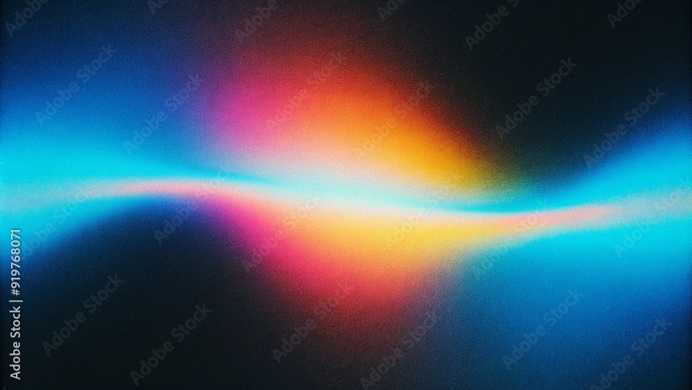 A vibrant rainbow wave glows against a dark, grainy gradient background of blue, pink, and yellow textures,generative ai A vibrant rainbow wave glows against a dark, grainy gradient background of blue, pink, and yellow textures,generative ai