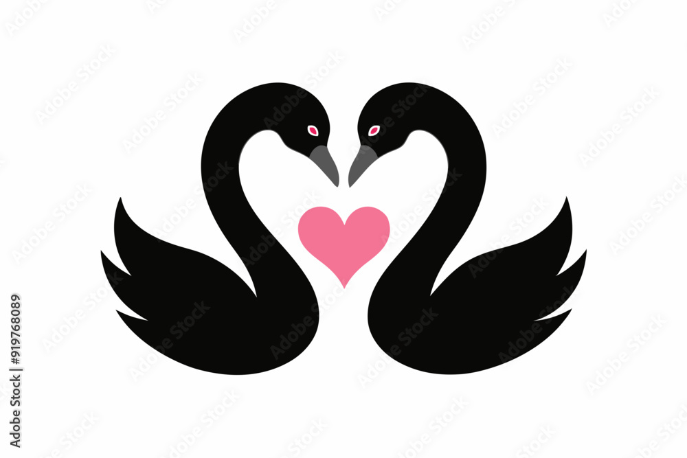 Vector design of two loving black swans on white background 