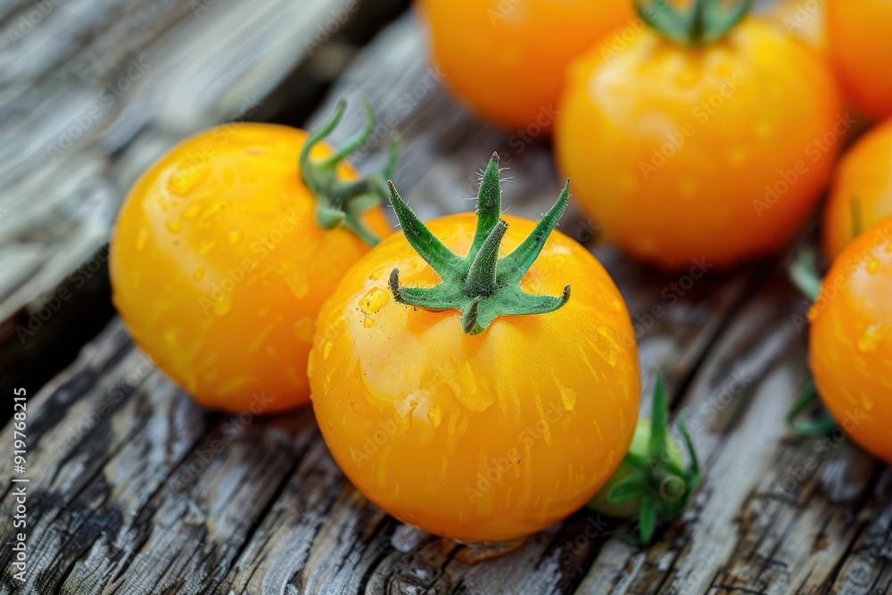 Orange Tomatoes on Wooden Background. Fresh Garden Tomatoes in Yellow and Orange. Fruit and Vegetable Concept Orange Tomatoes on Wooden Background. Fresh Garden Tomatoes in Yellow and Orange. Fruit and Vegetable Concept