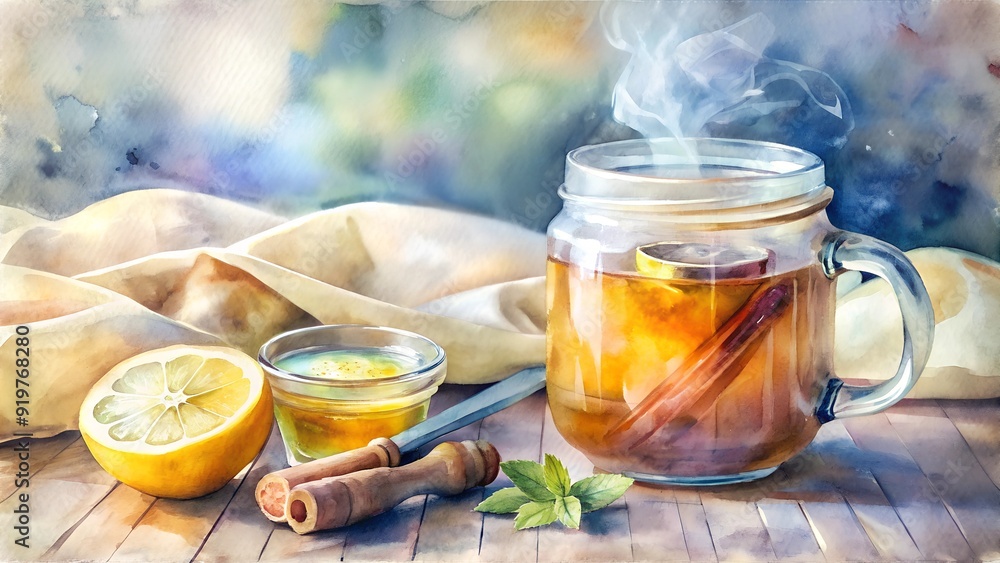 Watercolor Ginger Lemon Tea with Honey and Cinnamon, Cozy Autumn Drink Watercolor Ginger Lemon Tea with Honey and Cinnamon, Cozy Autumn Drink