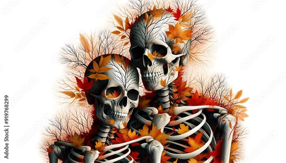 Skeleton Couple with Autumn Leaves on a White Background Skeleton Couple with Autumn Leaves on a White Background