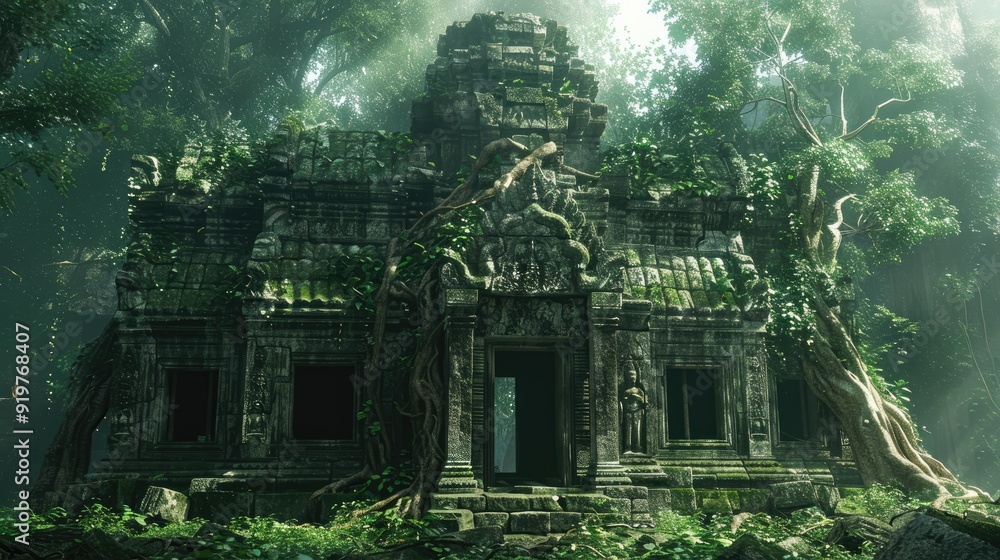 Ancient stone temple overgrown with lush vegetation, sunlight filtering through the canopy. Ancient stone temple overgrown with lush vegetation, sunlight filtering through the canopy.