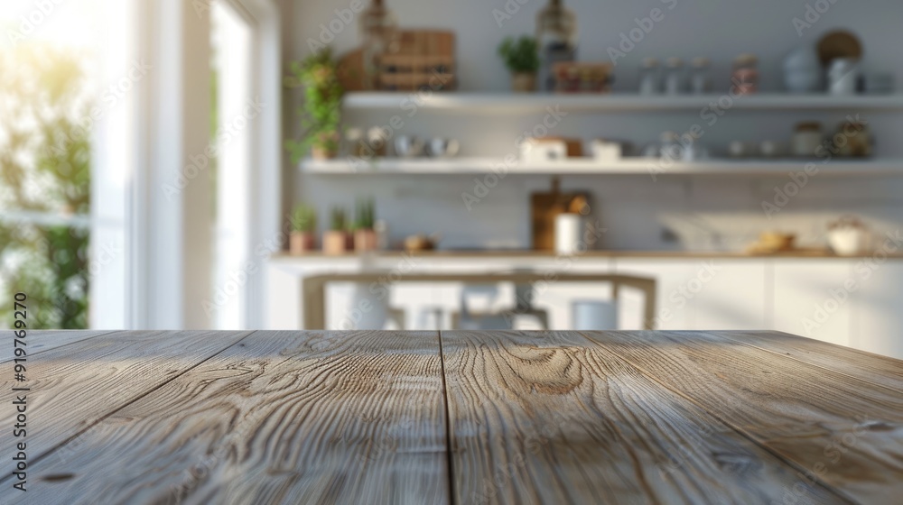 Display concept with an unoccupied table and blurred contemporary kitchen setting Display concept with an unoccupied table and blurred contemporary kitchen setting
