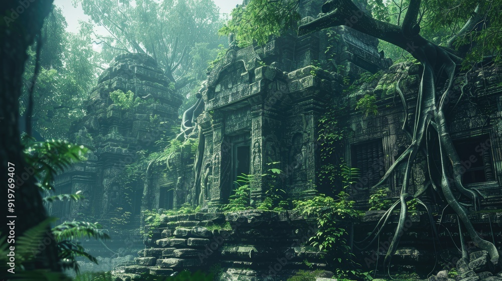 Ancient temple ruins overgrown with lush vegetation in a tropical jungle. Ancient temple ruins overgrown with lush vegetation in a tropical jungle.