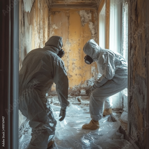 Asbestos, Lead, and mold abatement workers remove hazardous materials from an old house.