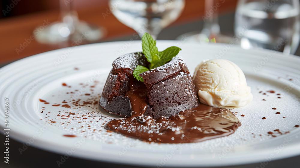 a chocolate lava cake, with molten chocolate oozing out, served on a white plate with a scoop of vanilla ice cream and a mint leaf garnish a chocolate lava cake, with molten chocolate oozing out, served on a white plate with a scoop of vanilla ice cream and a mint leaf garnish