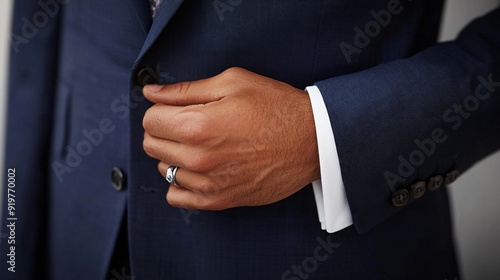 A groom adjusts his suit jacket, ensuring a polished look, while preparing for the wedding ceremony.