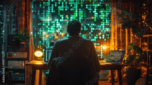 Cybersecurity Professional Working Late