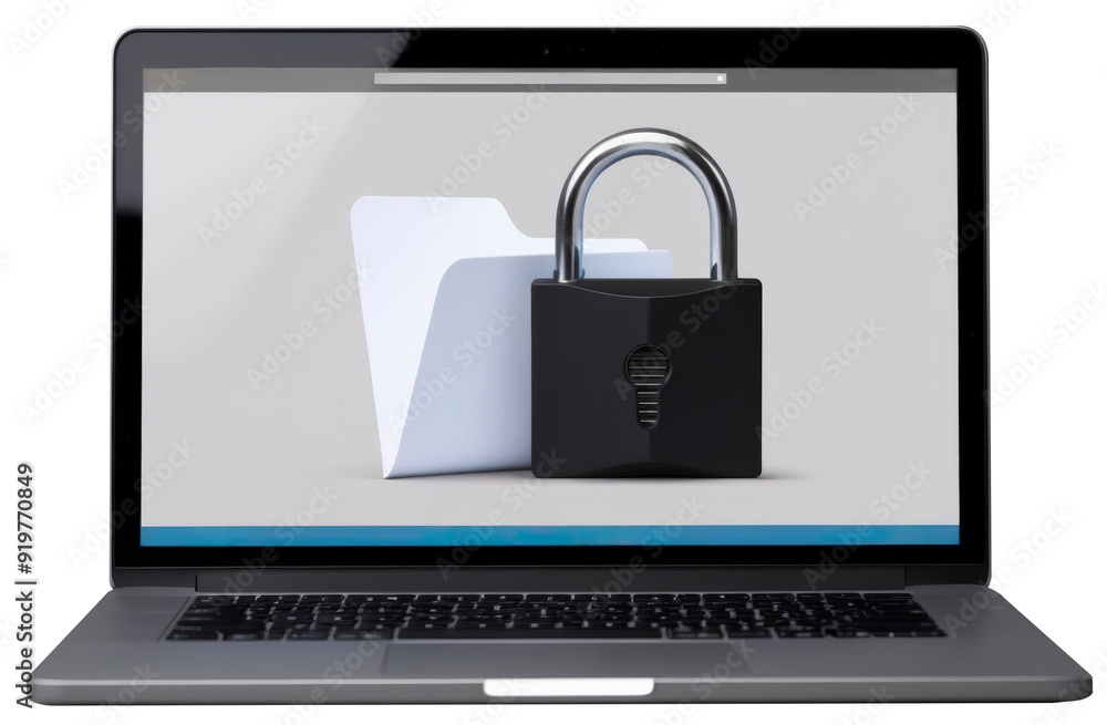 File folder and padlock on laptop screen, security and technology concept, on transparent background PNG. File folder and padlock on laptop screen, security and technology concept, on transparent background PNG.