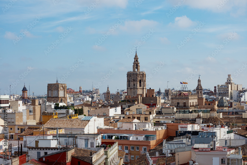 Panoramic view of Valencia, historic tower Micalet on horizon Panoramic view of Valencia, historic tower Micalet on horizon