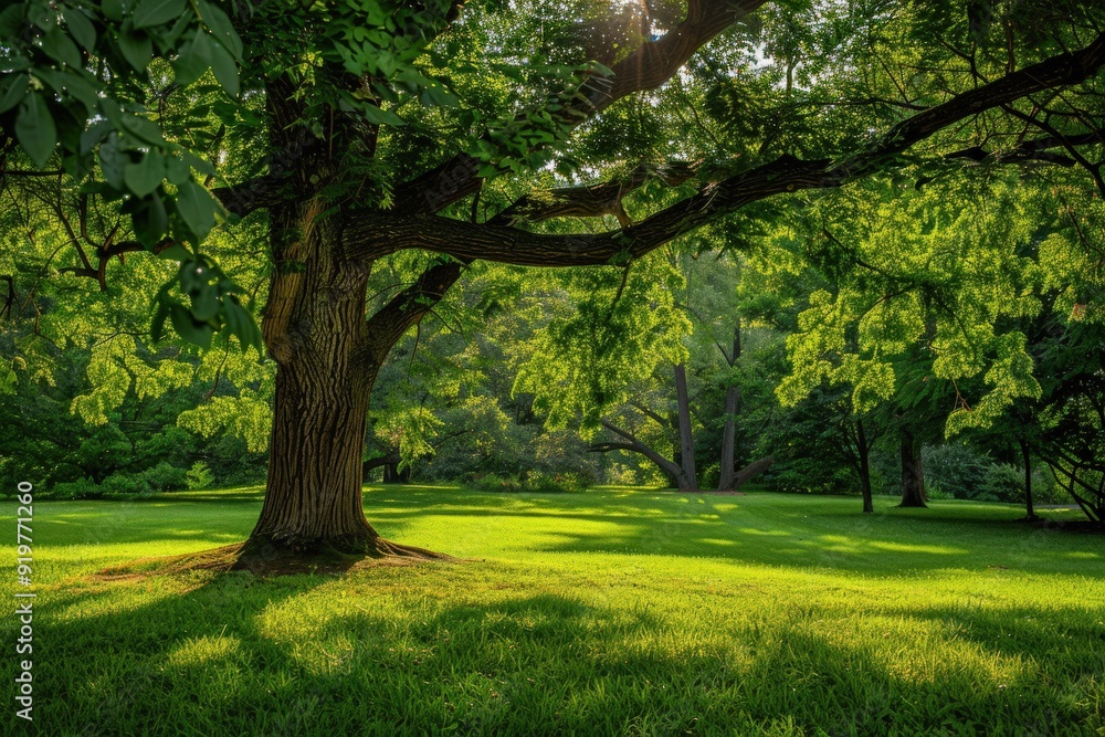 Park Setting. Lush Green Landscape with Trees and Grass in Beautiful Garden Park Setting. Lush Green Landscape with Trees and Grass in Beautiful Garden