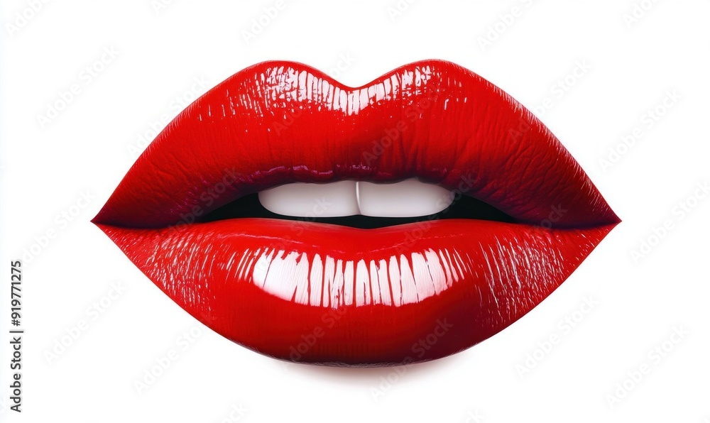Obraz premium Red Lips with Glossy Lipstick Isolated on White Background