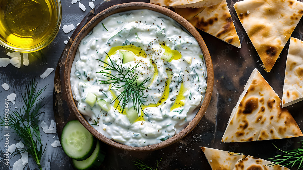 a bowl of fresh tzatziki sauce, garnished with dill and cucumber slices, with pita bread triangles and olive oil drizzled around a bowl of fresh tzatziki sauce, garnished with dill and cucumber slices, with pita bread triangles and olive oil drizzled around