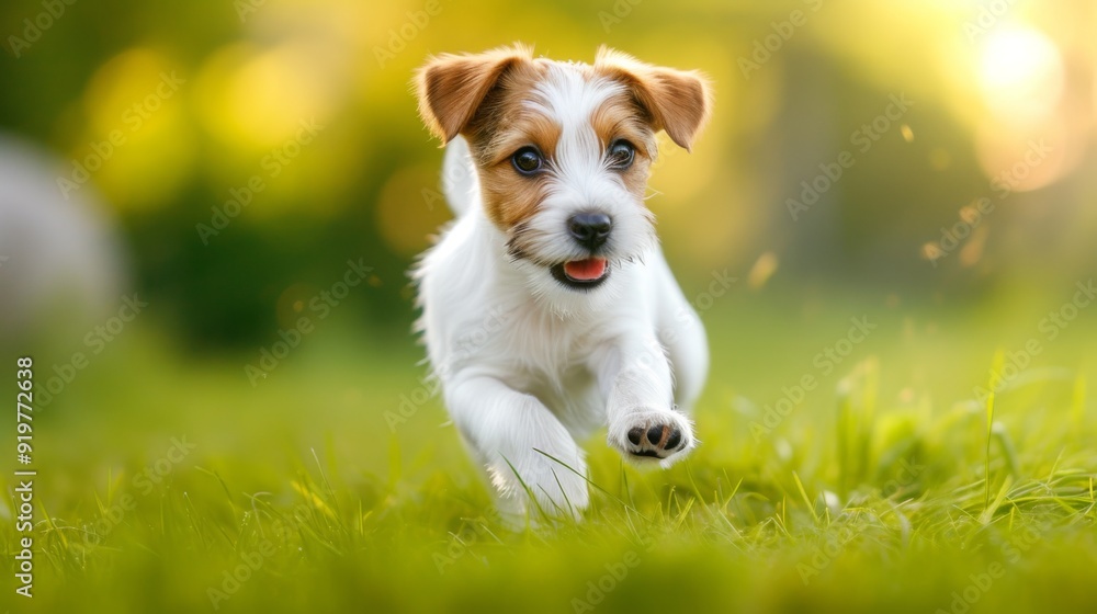 Playful energy of a Jack Russell puppy running through a lush green field Playful energy of a Jack Russell puppy running through a lush green field
