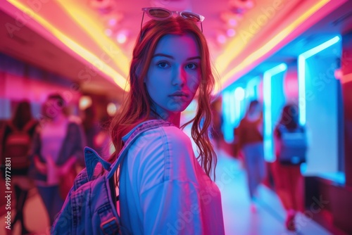 Evening Stroll Through a Colorful Dimly Lit Theater Foyer