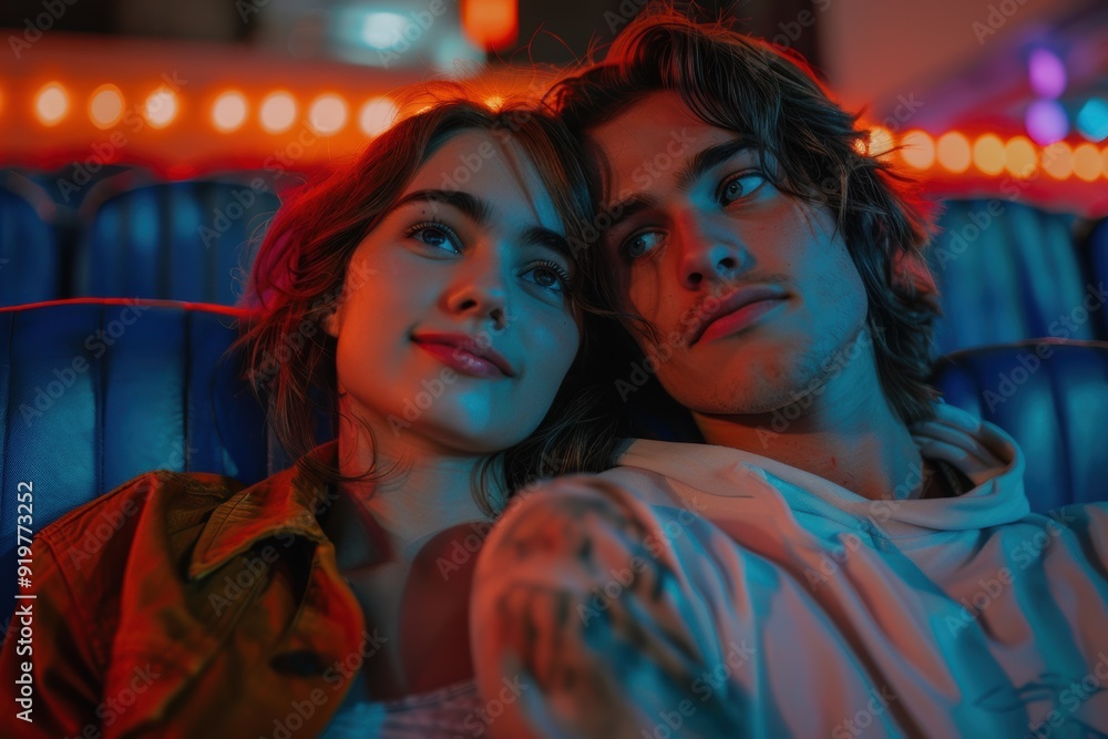 Fototapeta premium Couple Enjoying a Romantic Evening Together in a Cozy Movie Theater Glow