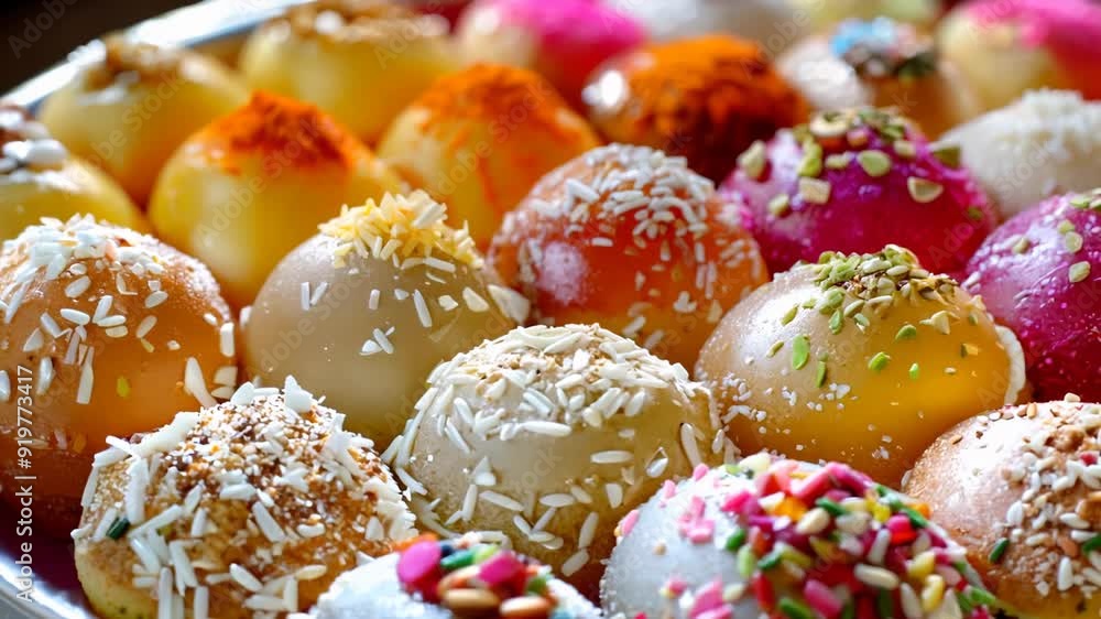 Tray of colorful, spiced sweets, likely Indian candies or chai snacks, featuring a variety of flavors and textures. Great for parties or as a gourmet treat. Tray of colorful, spiced sweets, likely Indian candies or chai snacks, featuring a variety of flavors and textures. Great for parties or as a gourmet treat.