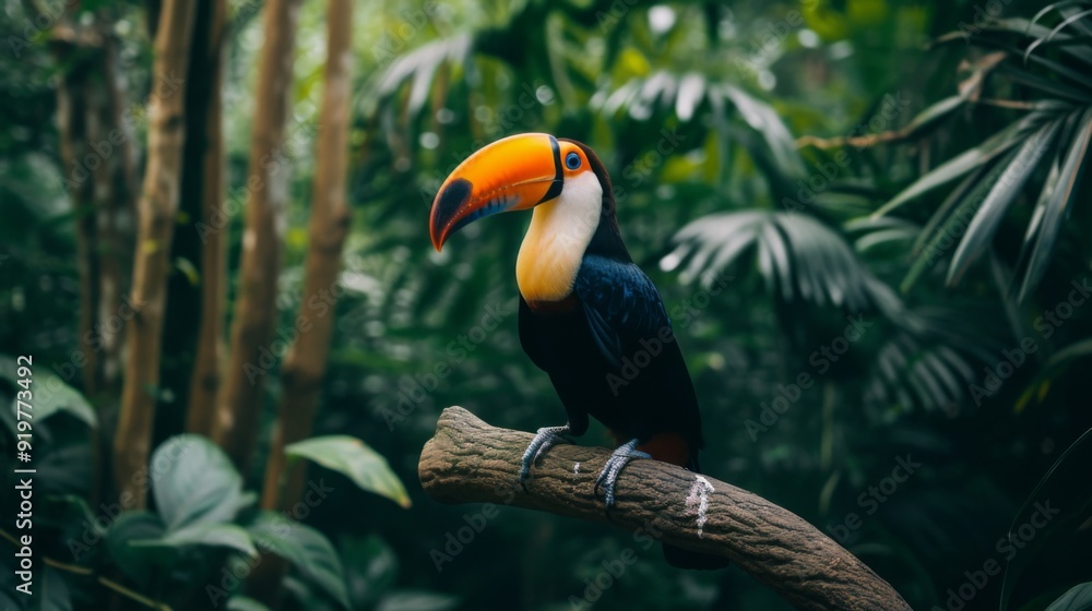 Vibrant colors of a toucan perched on a branch in a lush tropical forest Vibrant colors of a toucan perched on a branch in a lush tropical forest