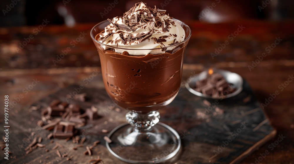 a rich, velvety chocolate mousse, served in an elegant glass and topped with whipped cream and chocolate shavings, placed on a dark, rustic table a rich, velvety chocolate mousse, served in an elegant glass and topped with whipped cream and chocolate shavings, placed on a dark, rustic table