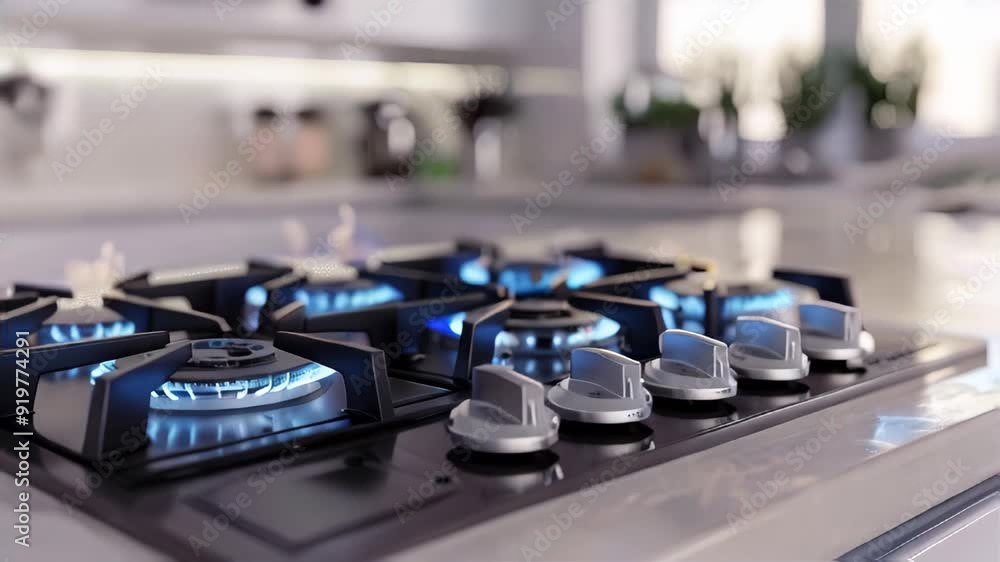 A modern kitchen in 4K UHD with a gas stovetop's burners ignited, showcasing a sleek design and vivid blue flames. The background includes kitchen utensils and a modern backsplash
