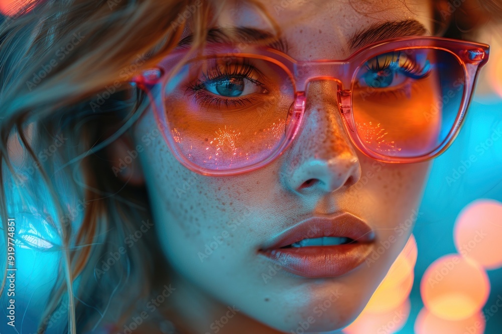 Close-up Portrait of a Woman with Pink Glasses and Neon Lights Close-up Portrait of a Woman with Pink Glasses and Neon Lights