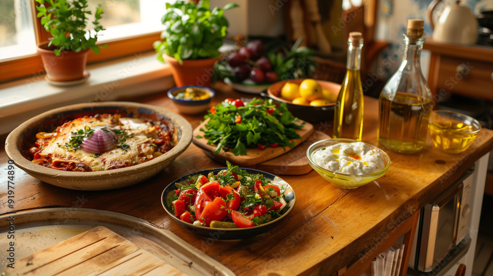 a traditional Greek kitchen, featuring a platter of moussaka, Greek salad, and tzatziki, with olive oil and fresh herbs on a wooden countertop a traditional Greek kitchen, featuring a platter of moussaka, Greek salad, and tzatziki, with olive oil and fresh herbs on a wooden countertop