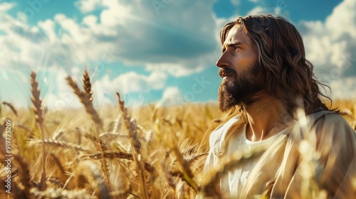 Jesus Christ is walking in a field with wheat