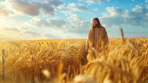 Jesus Christ is walking in a field with wheat