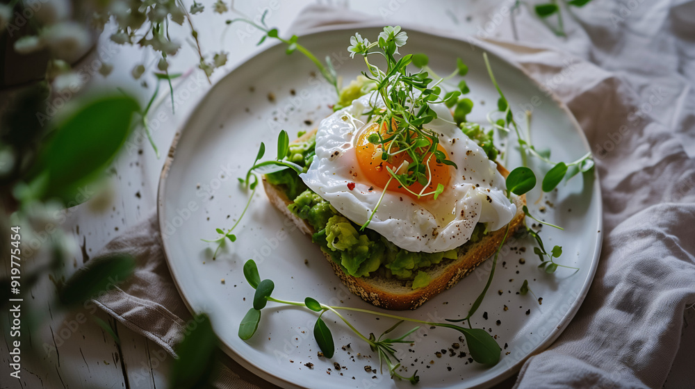 a gluten-free avocado toast, topped with poached eggs and microgreens, set on a clean, white plate with a linen napkin a gluten-free avocado toast, topped with poached eggs and microgreens, set on a clean, white plate with a linen napkin