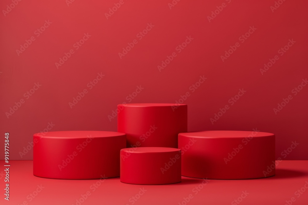 Four visually appealing red cylindrical podiums of varying sizes and shapes are artistically arranged against a vibrant red backdrop, ideal for showcasing products or as a design element Four visually appealing red cylindrical podiums of varying sizes and shapes are artistically arranged against a vibrant red backdrop, ideal for showcasing products or as a design element