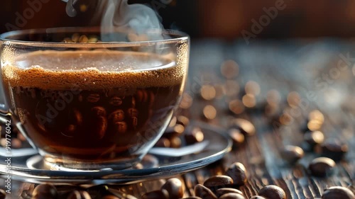 A close-up view of a freshly brewed coffee, featuring the steam rising from the hot liquid and coffee beans scattered around. photo