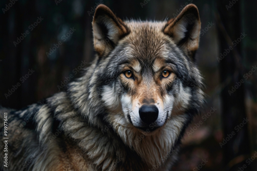 Portrait of a gray wolf in the forest watching its prey Portrait of a gray wolf in the forest watching its prey