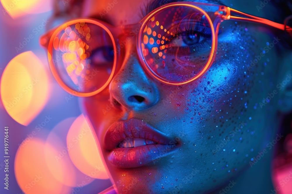Close-up of Woman's Face with Neon Lights and Sunglasses Close-up of Woman's Face with Neon Lights and Sunglasses