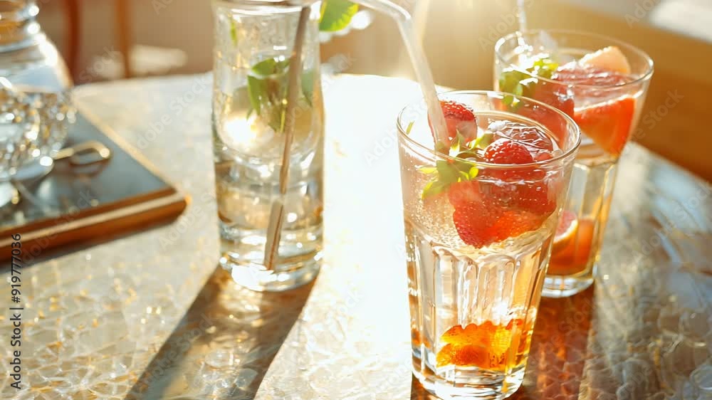 A refreshing array of cold summer beverages on a dining table, including iced tea and strawberry lemonade served with ice and fruit garnishes. A refreshing array of cold summer beverages on a dining table, including iced tea and strawberry lemonade served with ice and fruit garnishes.