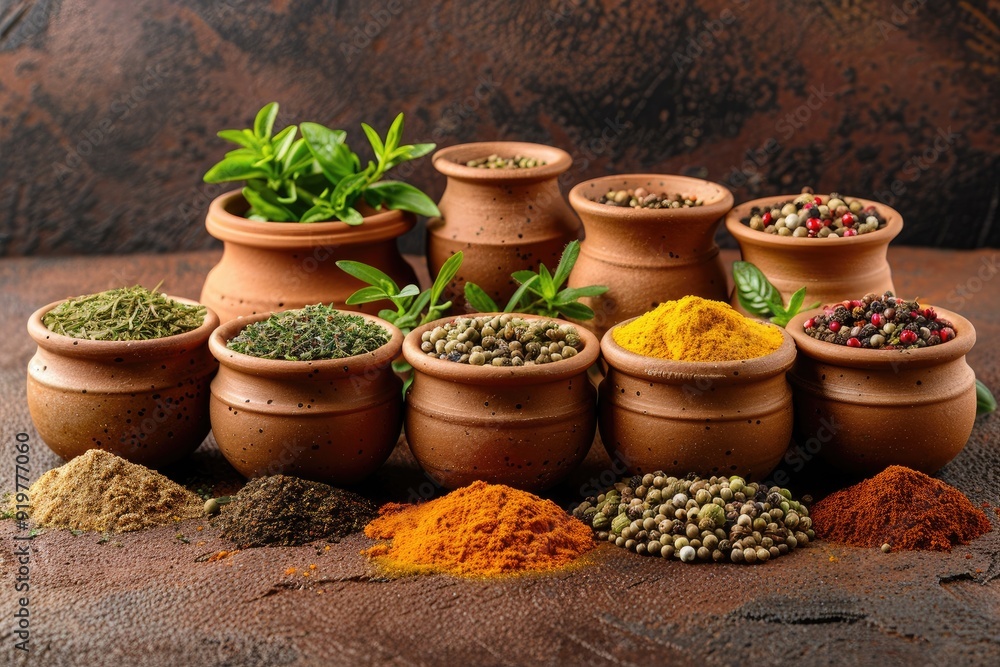 Assortment of spices in rustic clay pots, featuring turmeric, paprika, peppercorns, and more. Photo suitable for food, cooking, and culinary themes. Assortment of spices in rustic clay pots, featuring turmeric, paprika, peppercorns, and more. Photo suitable for food, cooking, and culinary themes.
